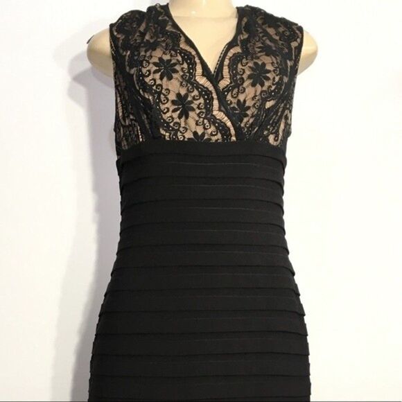 ADRIANNA PAPELL LACE TIERED STRETCH SHEATH DRESS 12P BLACK / NUDE - Picture 4 of 11